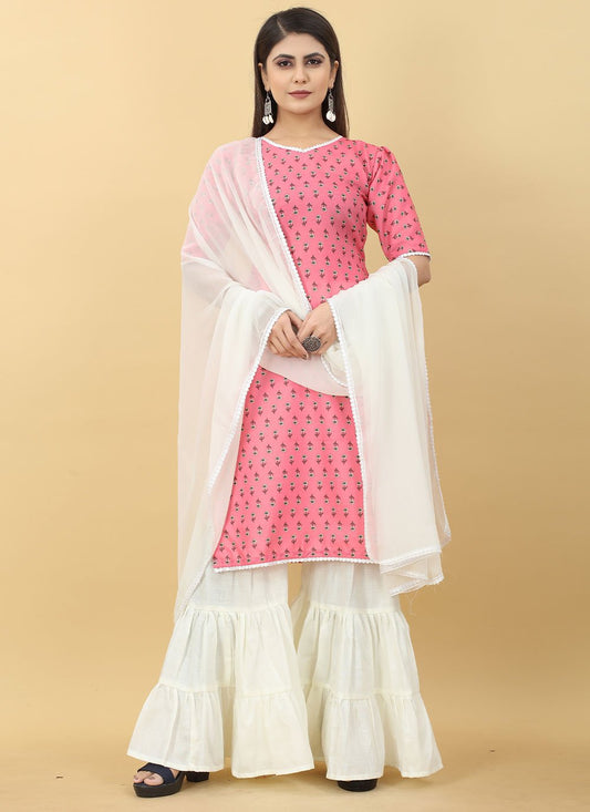 Sharara Set Cotton Off White Pink Digital Print Salwar Kameez