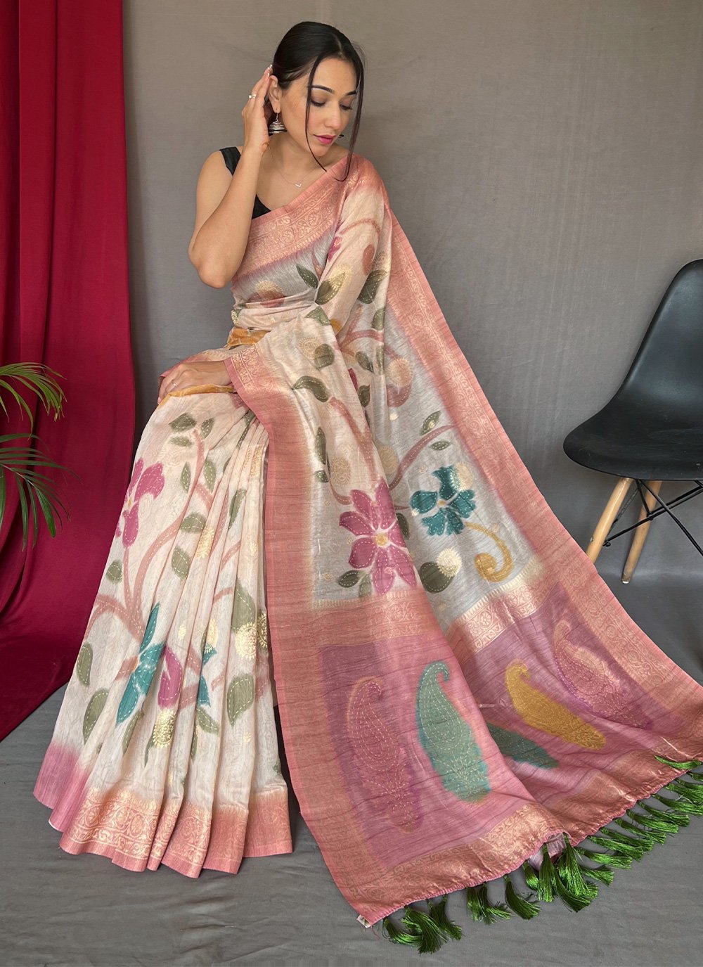 Trendy Saree Chanderi Off White Pink Digital Print Saree