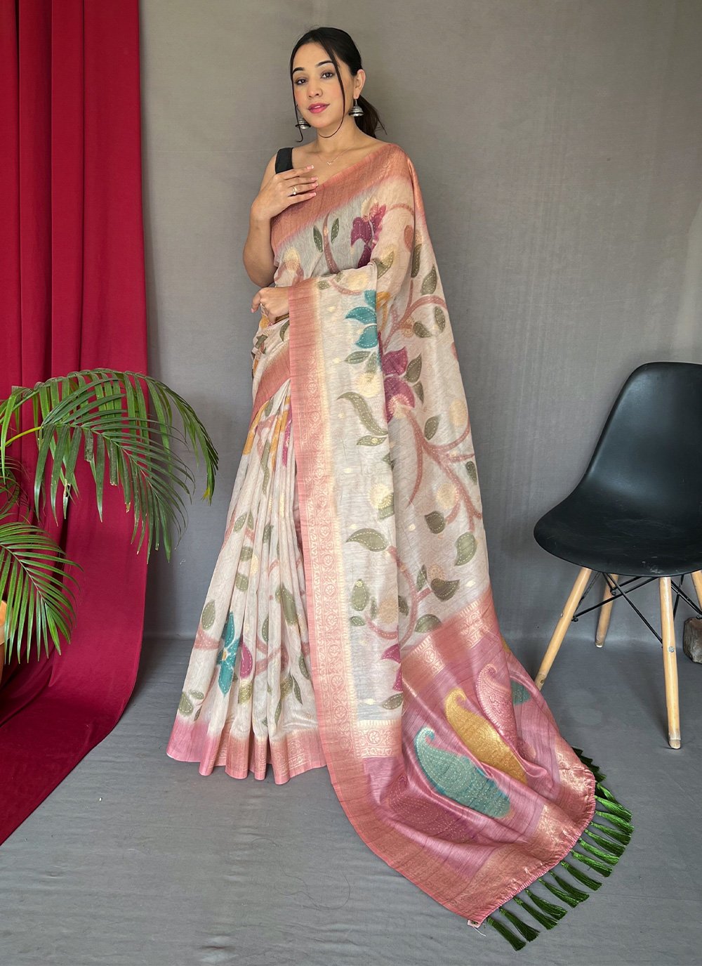 Trendy Saree Chanderi Off White Pink Digital Print Saree