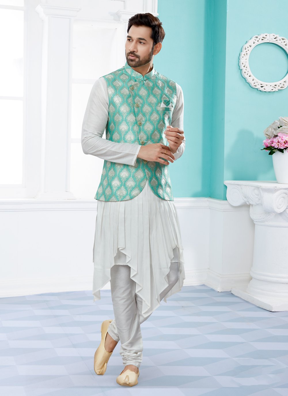 Indo Western Banarasi Silk Dupion Silk Off White Rama Jacquard Work Mens