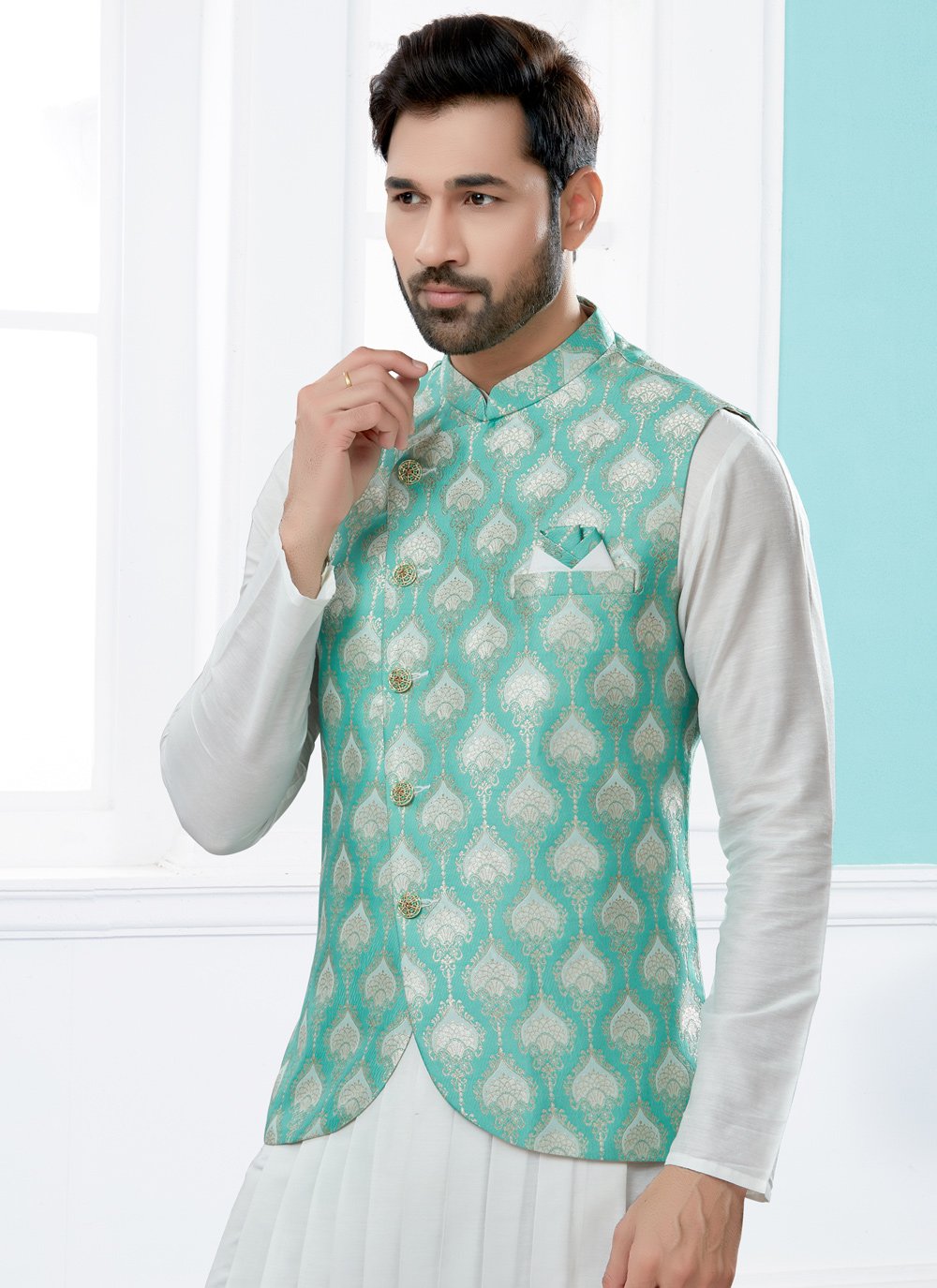 Indo Western Banarasi Silk Dupion Silk Off White Rama Jacquard Work Mens