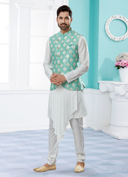 Indo Western Banarasi Silk Dupion Silk Off White Rama Jacquard Work Mens