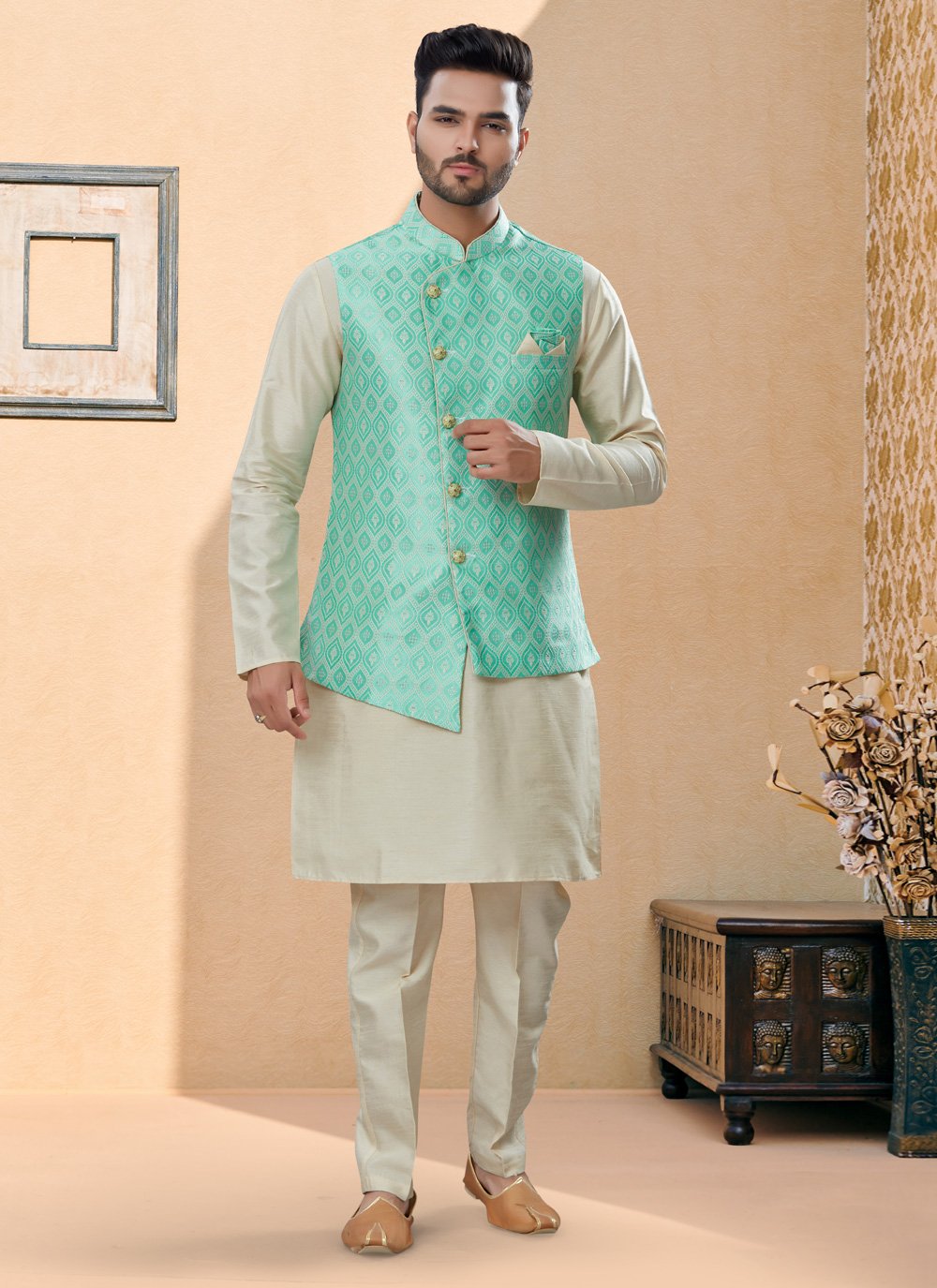 Kurta Payjama With Jacket Banarasi Silk Dupion Silk Off White Rama Jacquard Work Mens