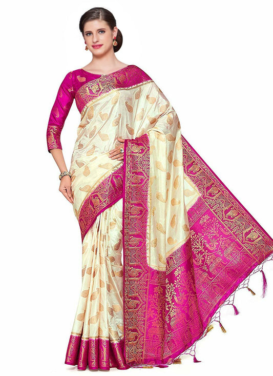 Trendy Saree Kanjivaram Silk Off White Rani Zari Saree