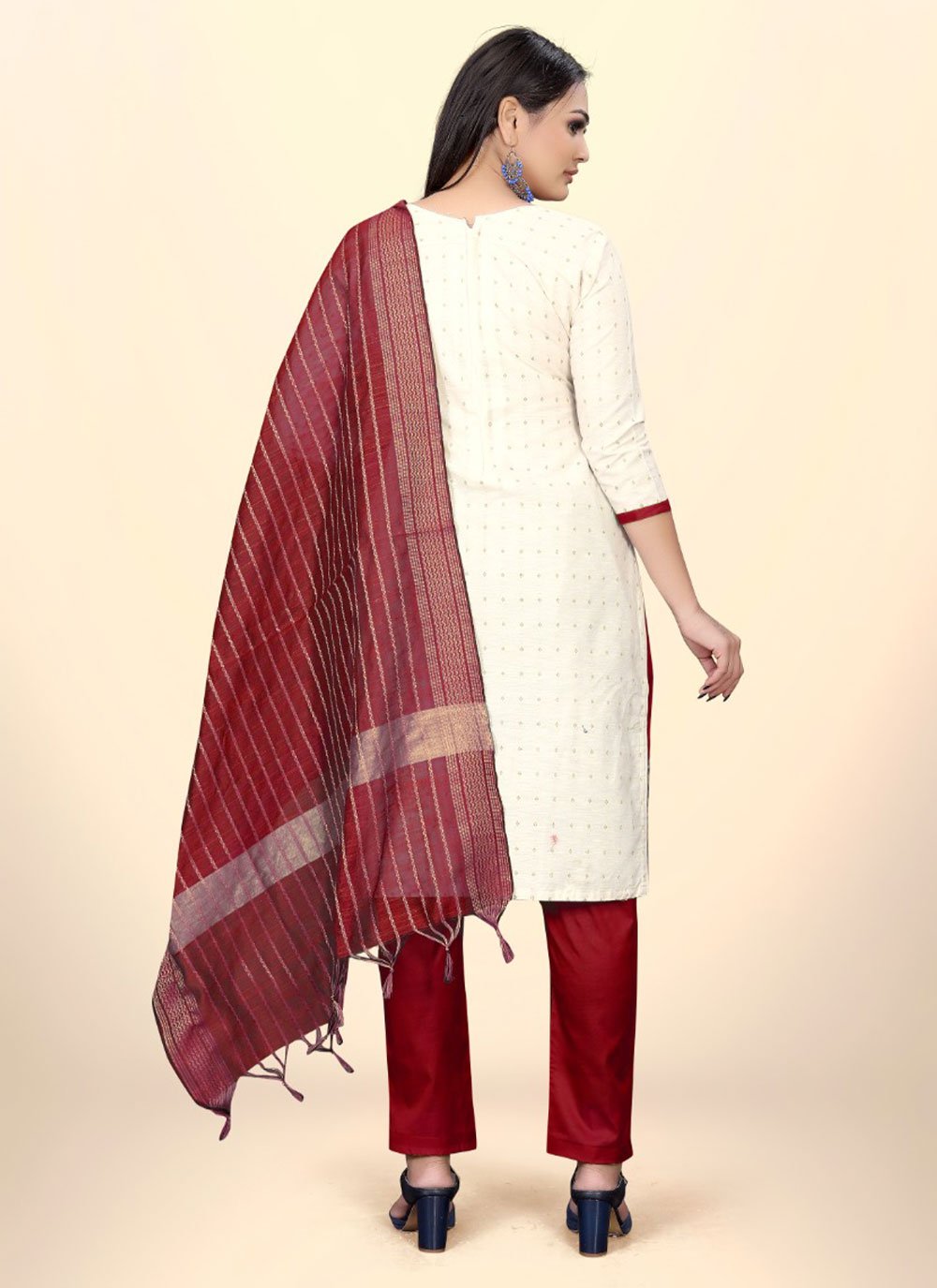 Straight Salwar Suit Cotton Jacquard Off White Red Embroidered Salwar Kameez