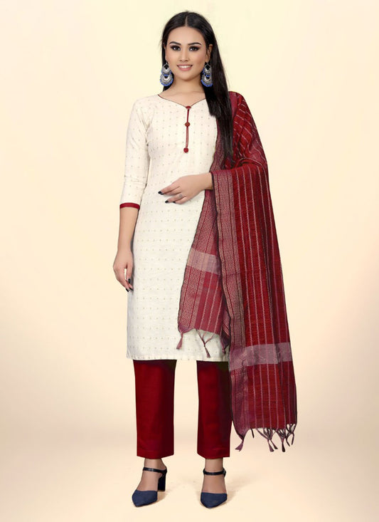 Straight Salwar Suit Cotton Jacquard Off White Red Embroidered Salwar Kameez