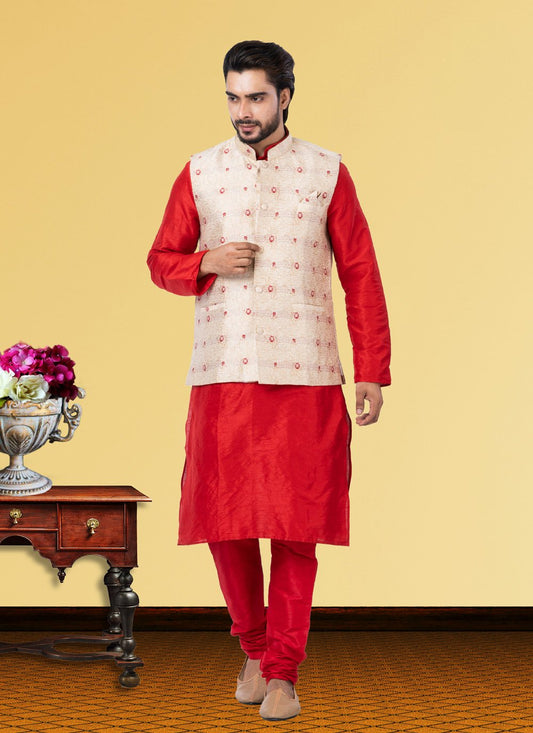 Kurta Payjama With Jacket Dupion Silk Jacquard Silk Off White Red Embroidered Mens