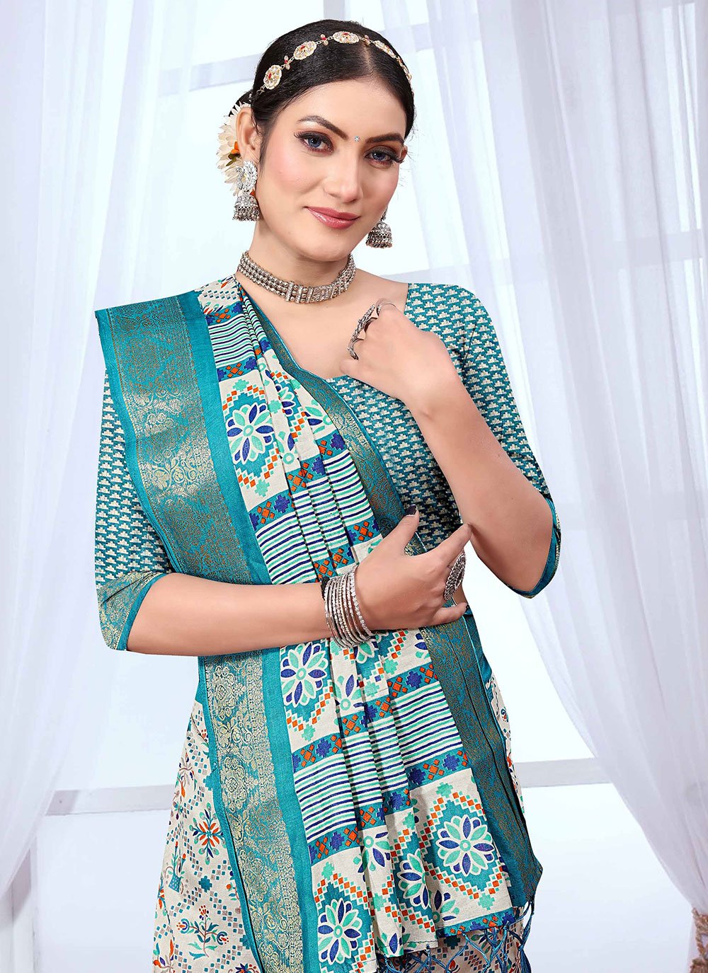 Contemporary Banarasi Silk Off White Teal Patch Border Saree