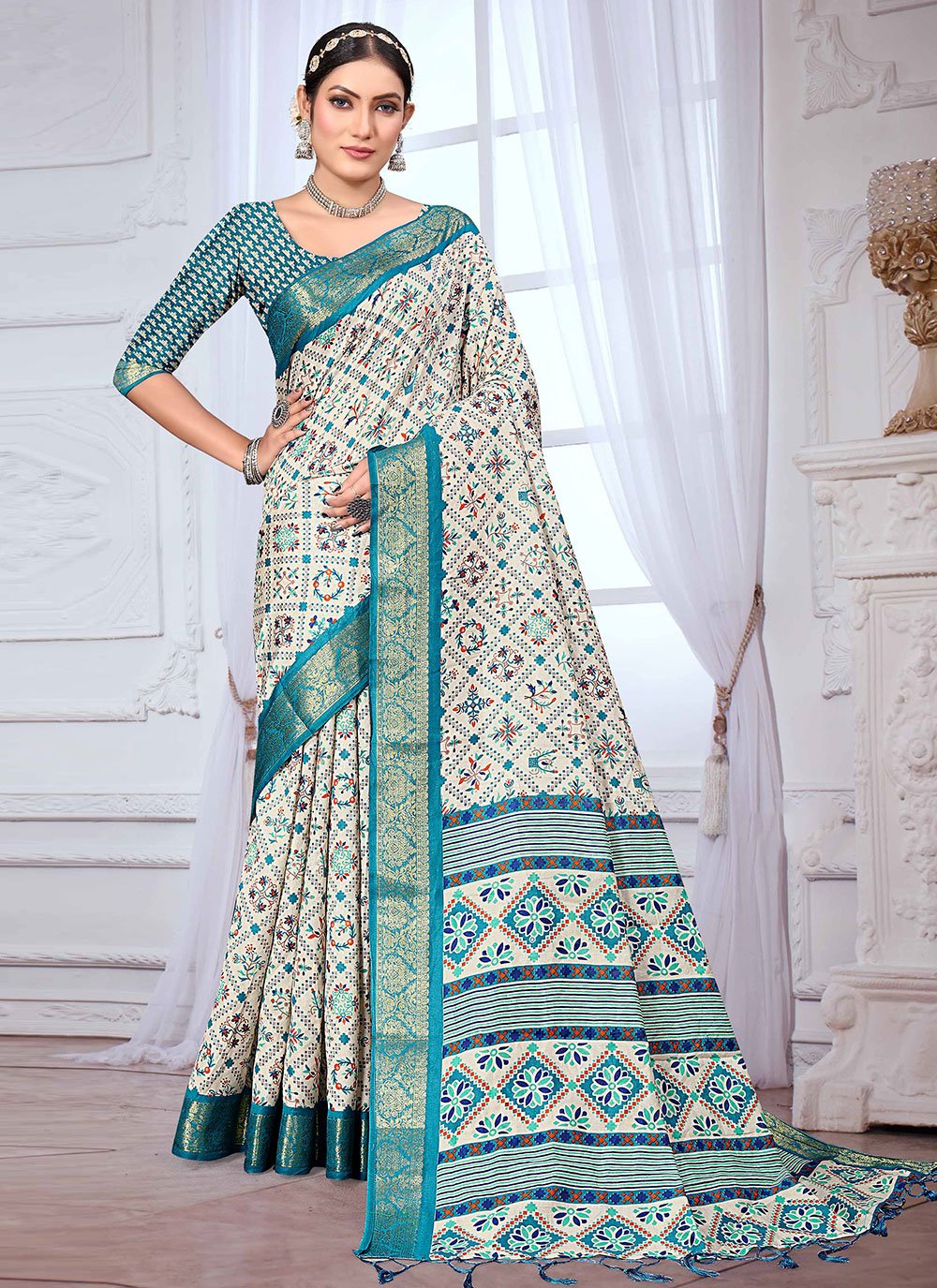 Contemporary Banarasi Silk Off White Teal Patch Border Saree