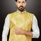 Kurta Payjama With Jacket Banarasi Jacquard Dupion Silk Off White Yellow Embroidered Mens