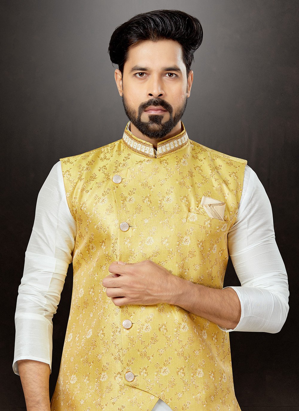 Kurta Payjama With Jacket Banarasi Jacquard Dupion Silk Off White Yellow Embroidered Mens