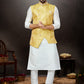 Kurta Payjama With Jacket Banarasi Jacquard Dupion Silk Off White Yellow Embroidered Mens