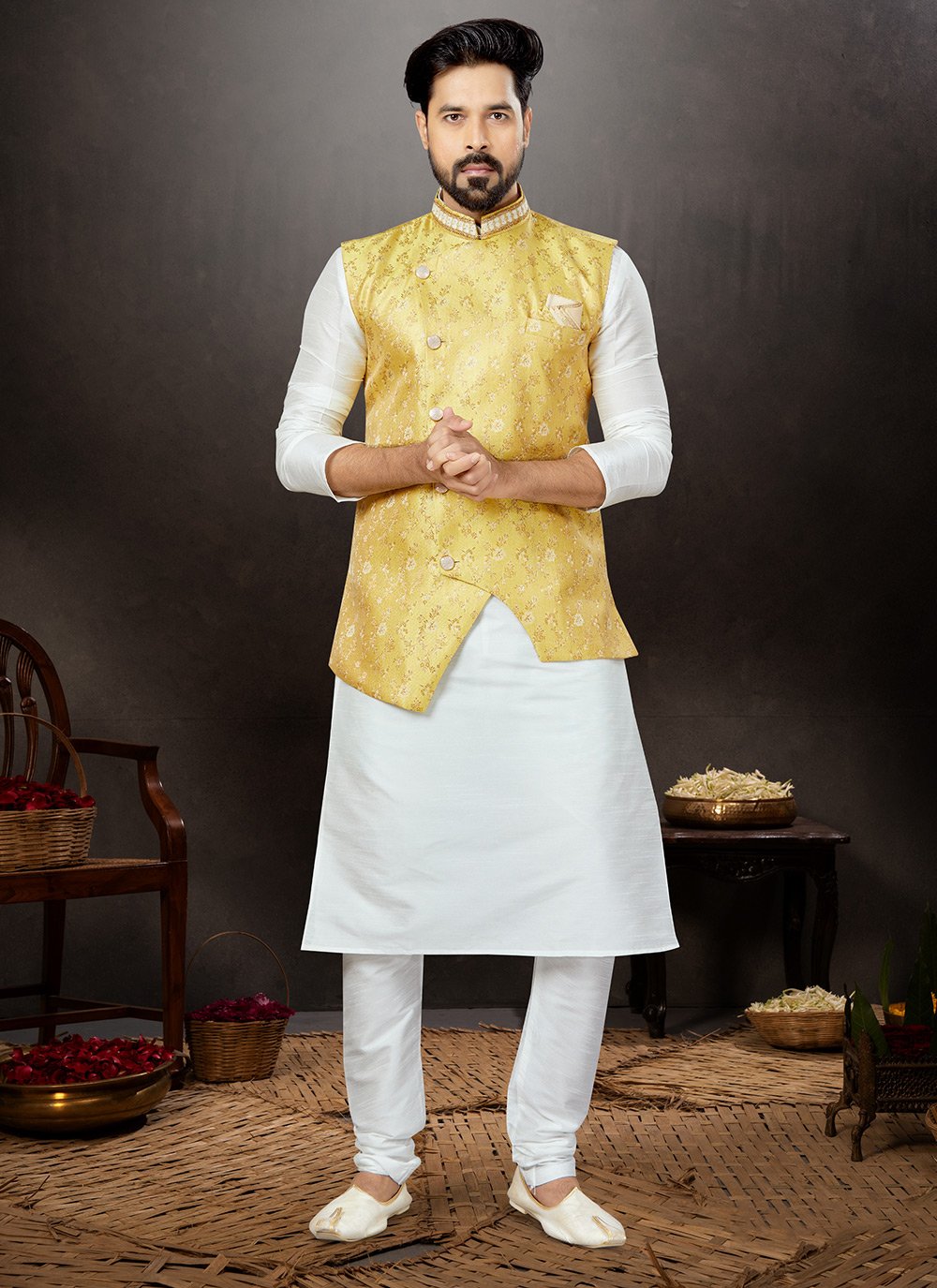Kurta Payjama With Jacket Banarasi Jacquard Dupion Silk Off White Yellow Embroidered Mens