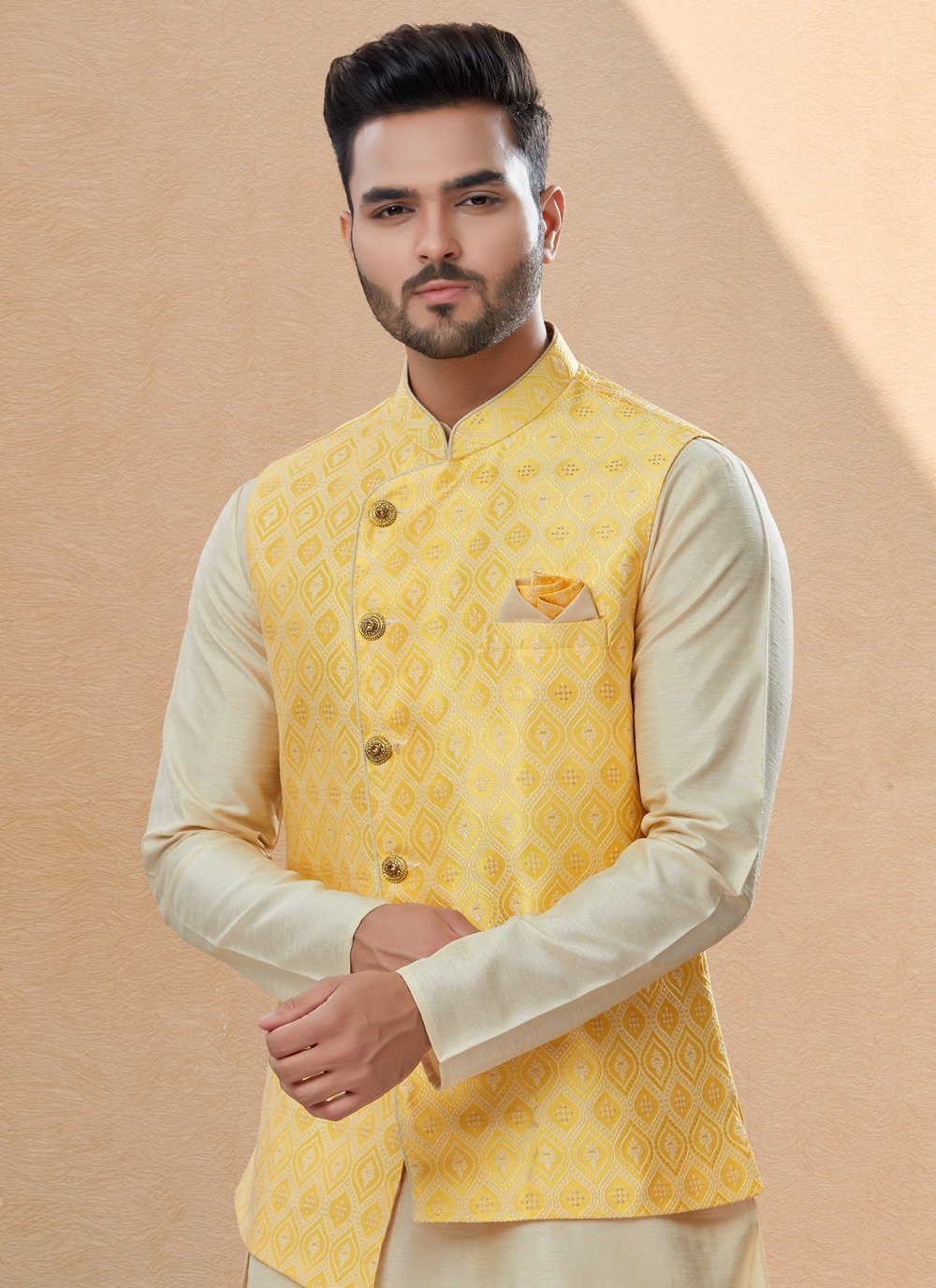 Kurta Payjama With Jacket Banarasi Silk Dupion Silk Off White Yellow Jacquard Work Mens