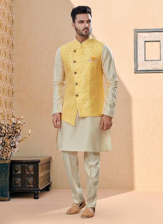 Kurta Payjama With Jacket Banarasi Silk Dupion Silk Off White Yellow Jacquard Work Mens