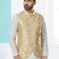 Indo Western Banarasi Silk Dupion Silk Off White Yellow Jacquard Work Mens