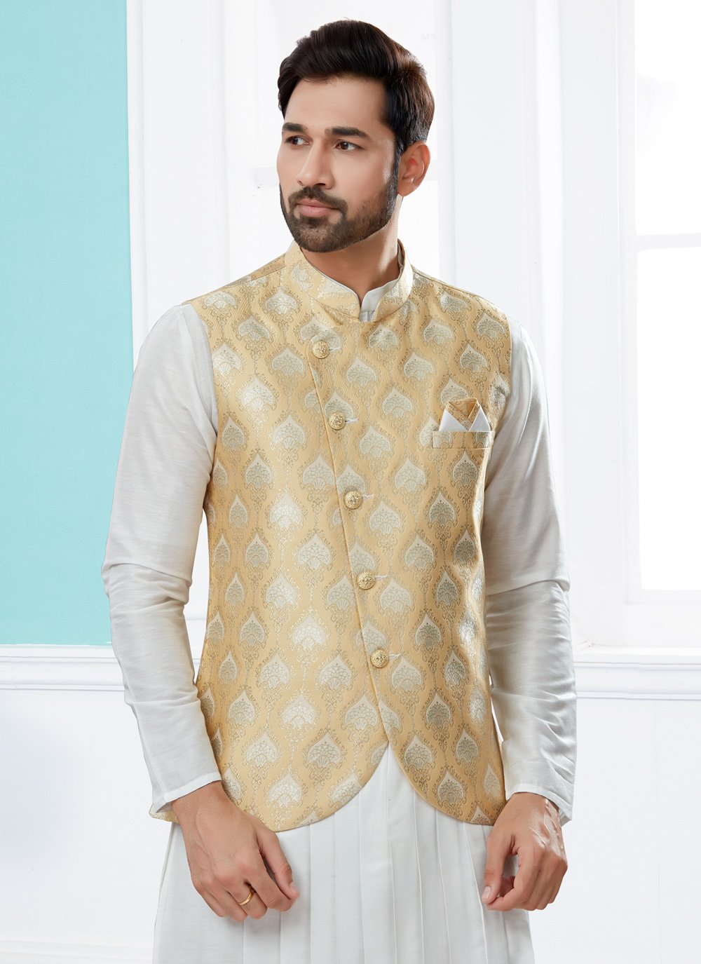 Indo Western Banarasi Silk Dupion Silk Off White Yellow Jacquard Work Mens