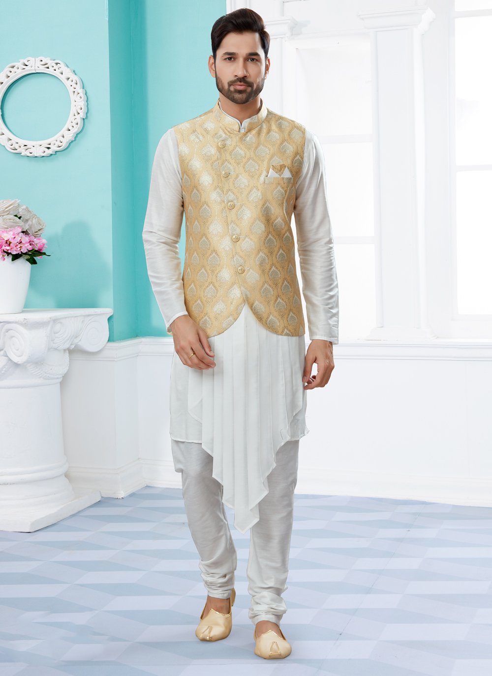 Indo Western Banarasi Silk Dupion Silk Off White Yellow Jacquard Work Mens