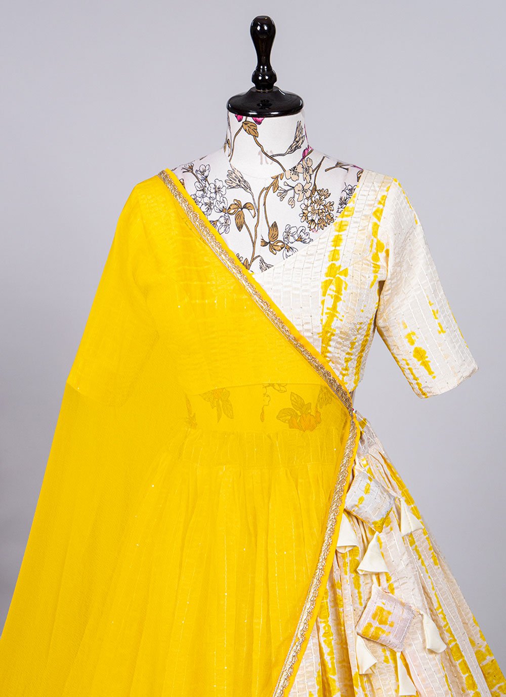 A Line Lehenga Chinon Off White Yellow Print Lehenga Choli