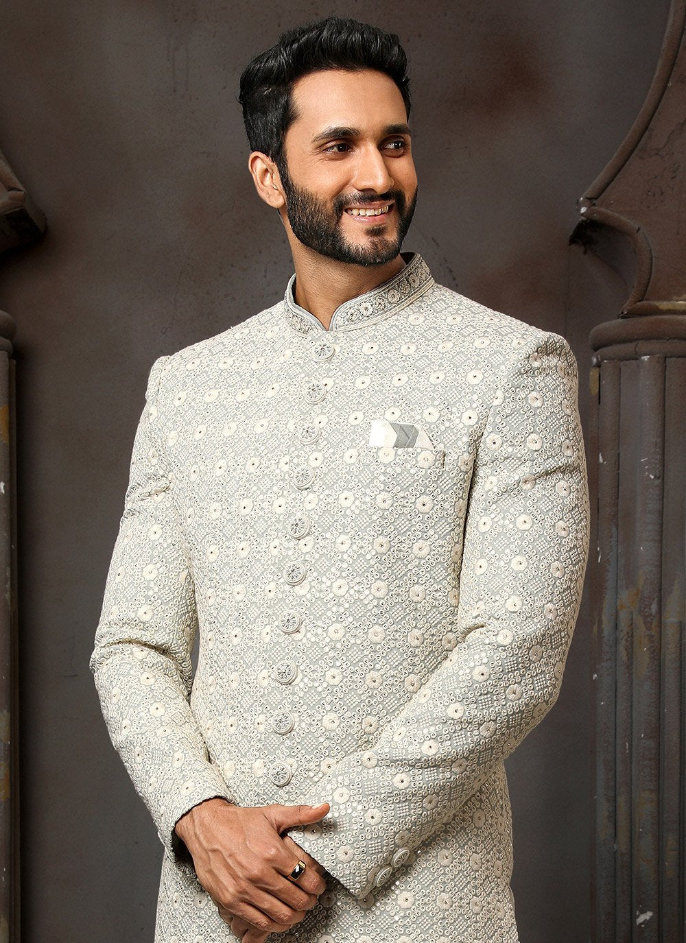 Sherwani Art Silk Off White Machine Embroidery Mens