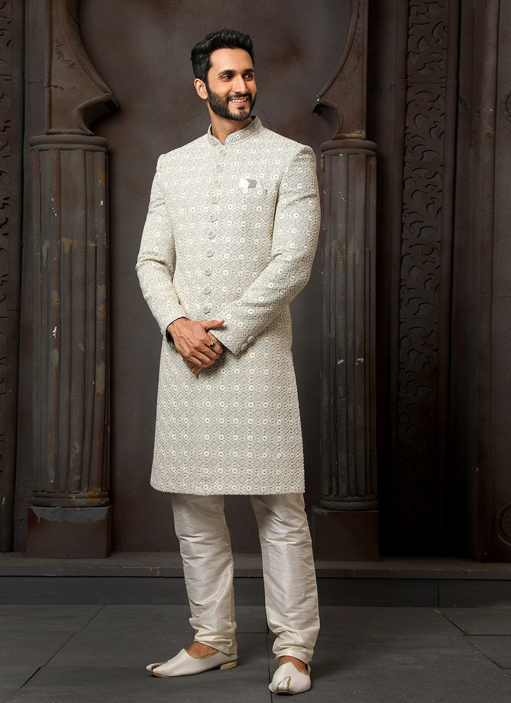 Sherwani Art Silk Off White Machine Embroidery Mens