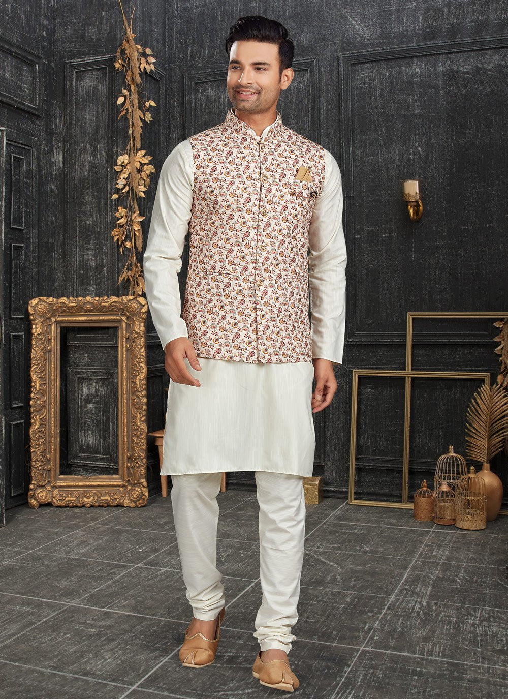 Kurta Payjama With Jacket Cotton Off White Chicken Mens