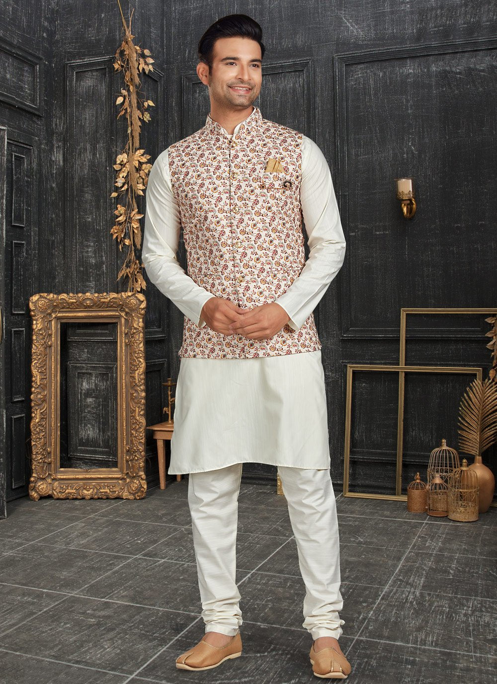 Kurta Payjama With Jacket Cotton Off White Chicken Mens