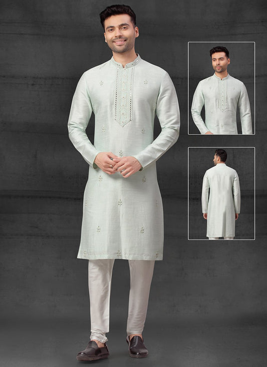 Kurta Pyjama Silk Off White Thread Mens