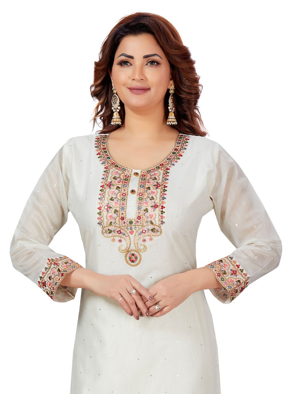 Straight Salwar Suit Chanderi Off White Embroidered Salwar Kameez