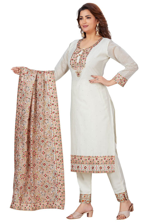 Straight Salwar Suit Chanderi Off White Embroidered Salwar Kameez