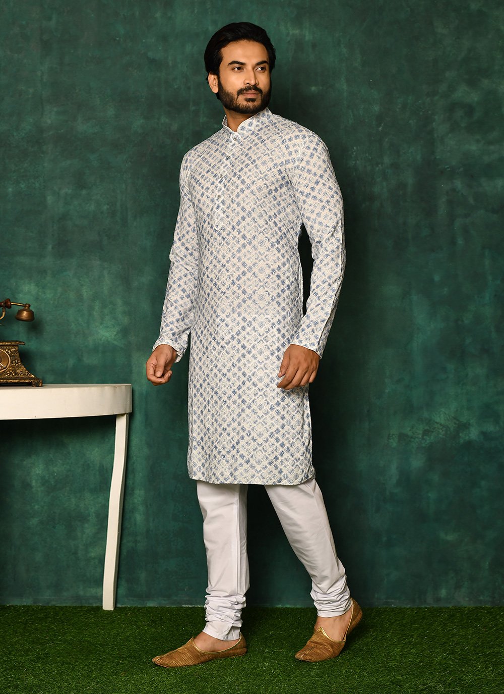 Kurta Pyjama Cotton Off White Chikankari Work Mens