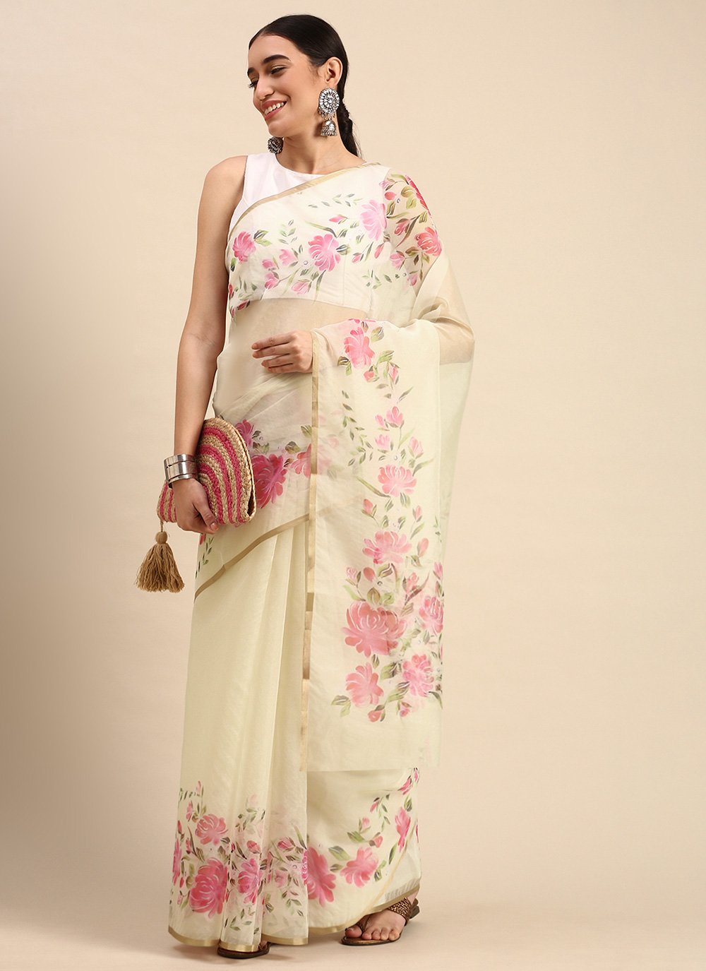 Casual Organza Off White Print Saree