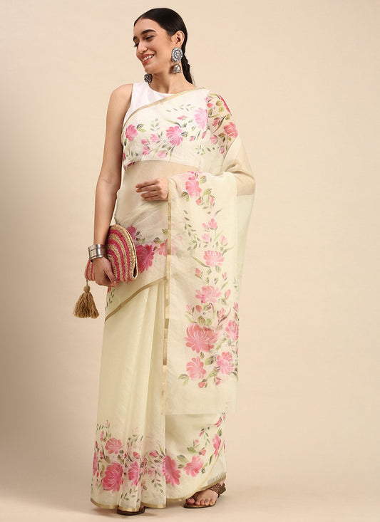 Casual Organza Off White Print Saree