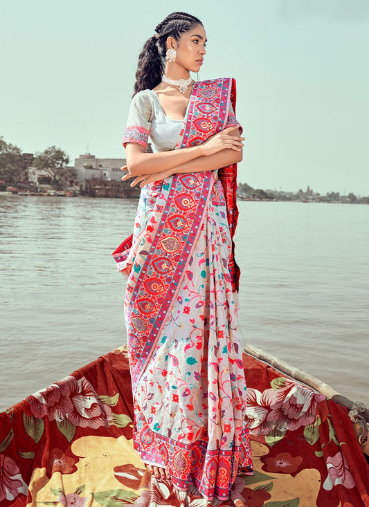 Contemporary Pashmina Off White Kashmiri Saree