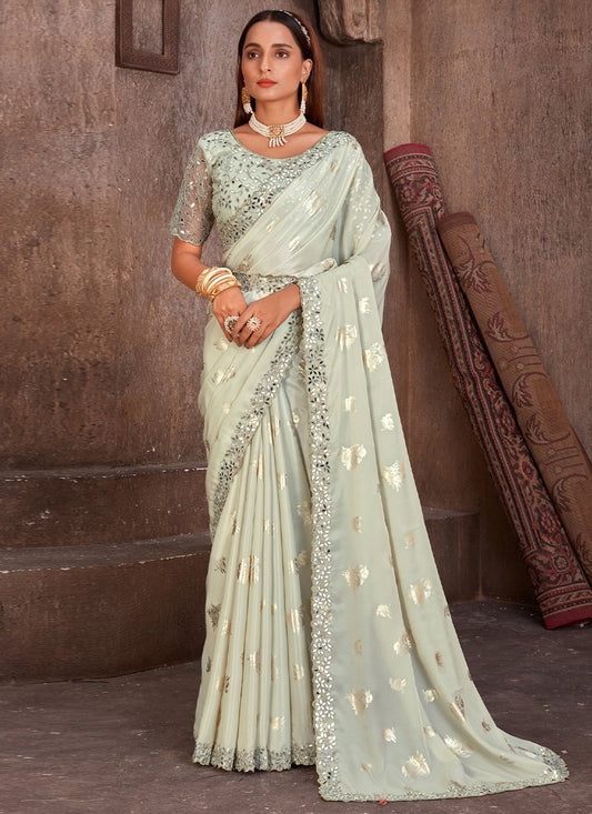 Contemporary Foil Silk Off White Cord Work Saree