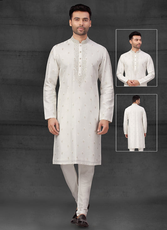 Kurta Pyjama Silk Off White Thread Mens