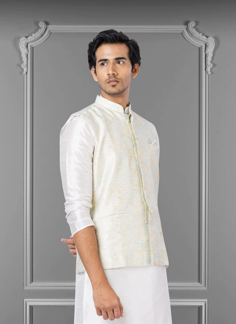 Nehru Jackets Linen Silk Off White Embroidered Mens