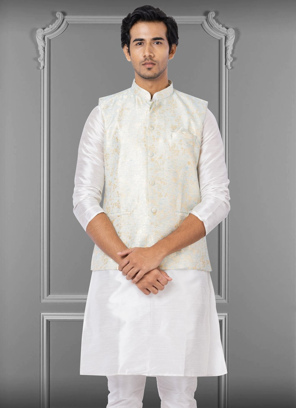 Nehru Jackets Linen Silk Off White Embroidered Mens