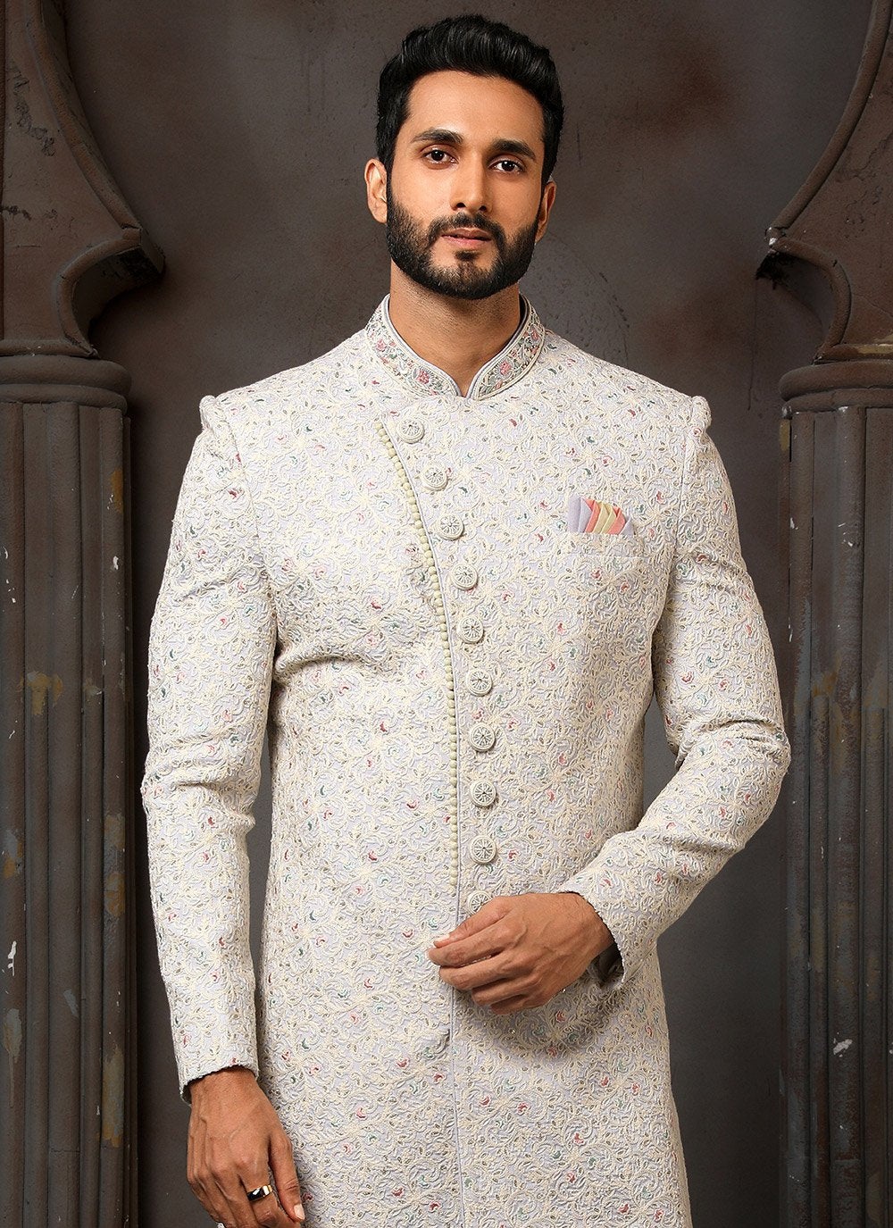 Sherwani Art Silk Off White Machine Embroidery Mens