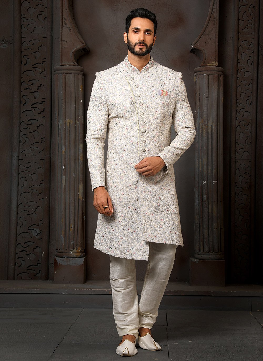 Sherwani Art Silk Off White Machine Embroidery Mens