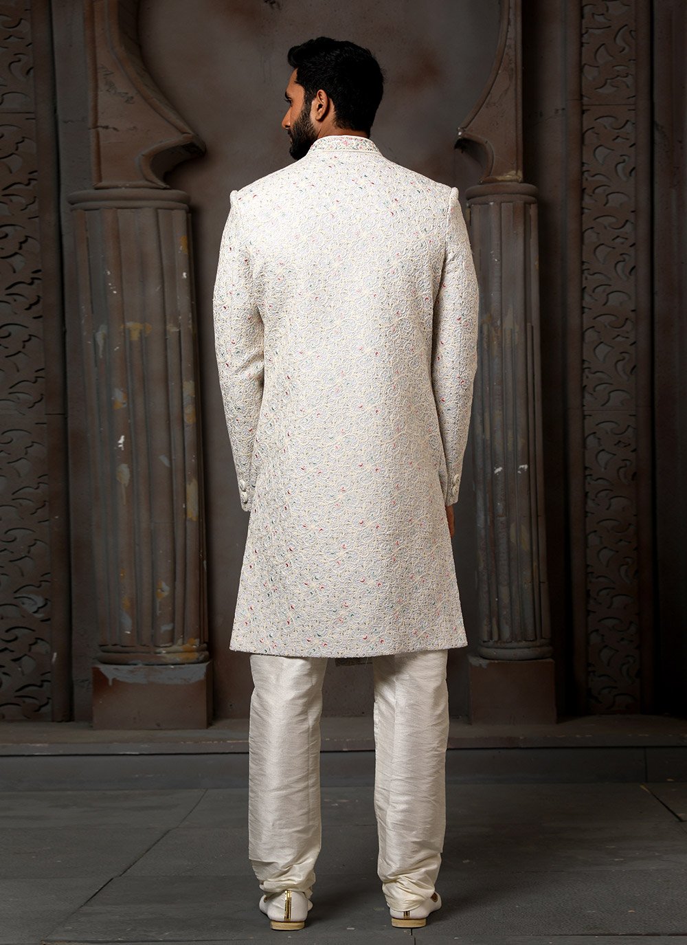 Sherwani Art Silk Off White Machine Embroidery Mens