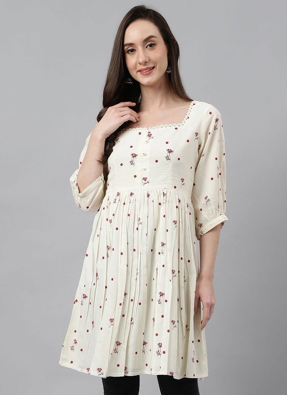 Designer Kurti Cotton Off White Floral Patch Kurtis