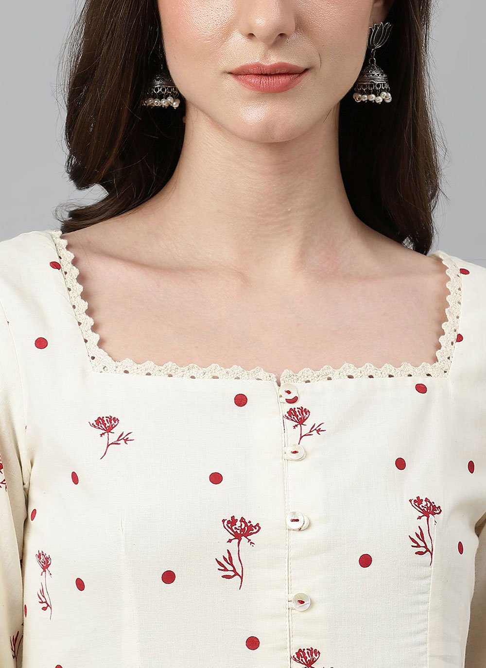 Designer Kurti Cotton Off White Floral Patch Kurtis