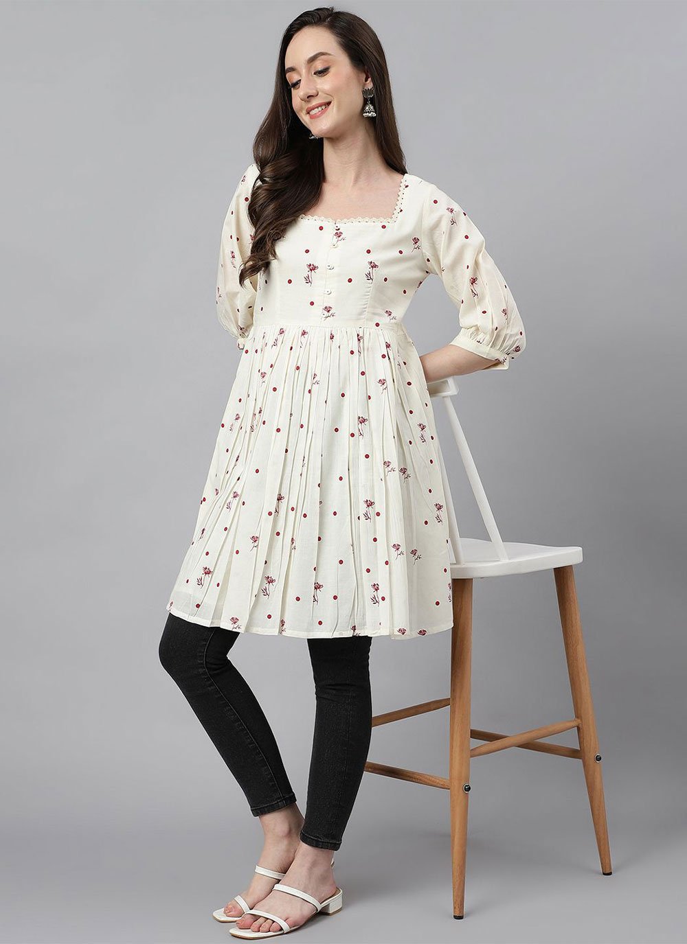 Designer Kurti Cotton Off White Floral Patch Kurtis