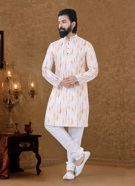 Kurta Pyjama Cotton Off White Digital Print Mens