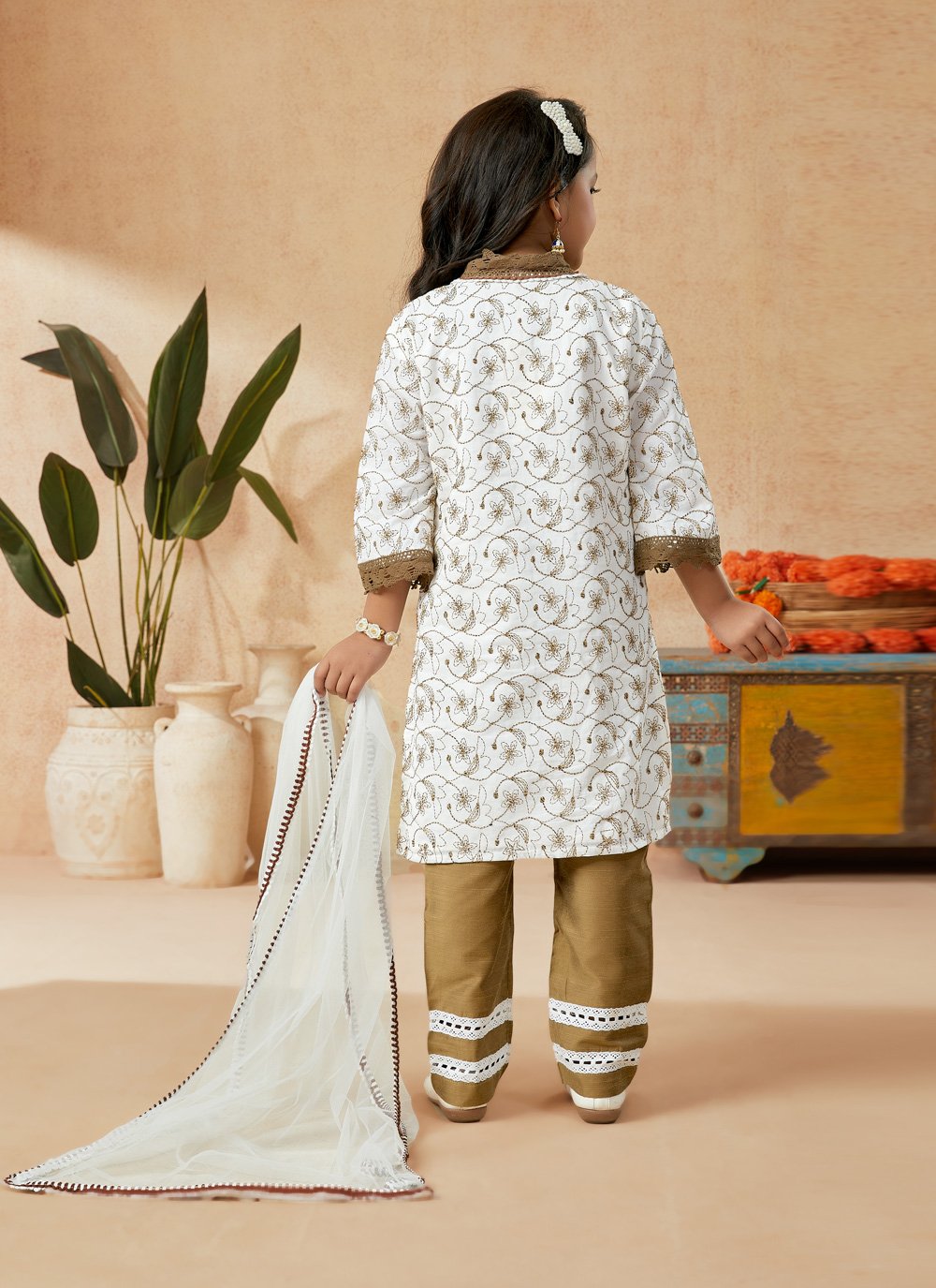 Pant Style Suit Cotton Off White Embroidered Kids