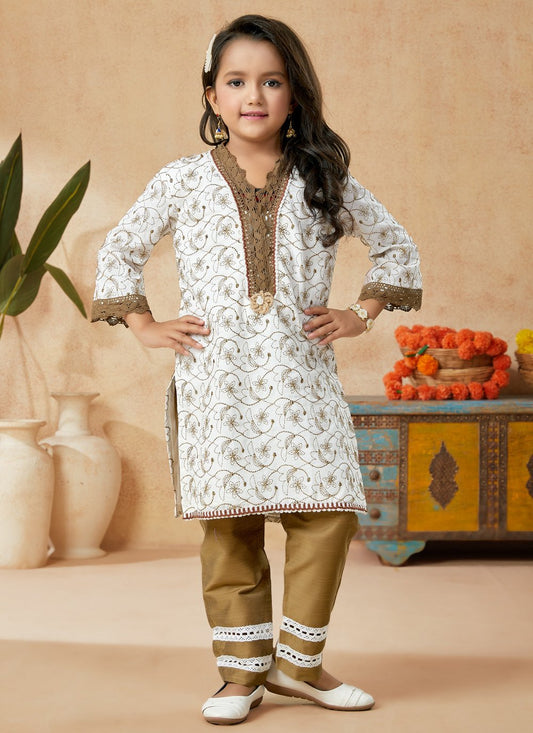 Pant Style Suit Cotton Off White Embroidered Kids