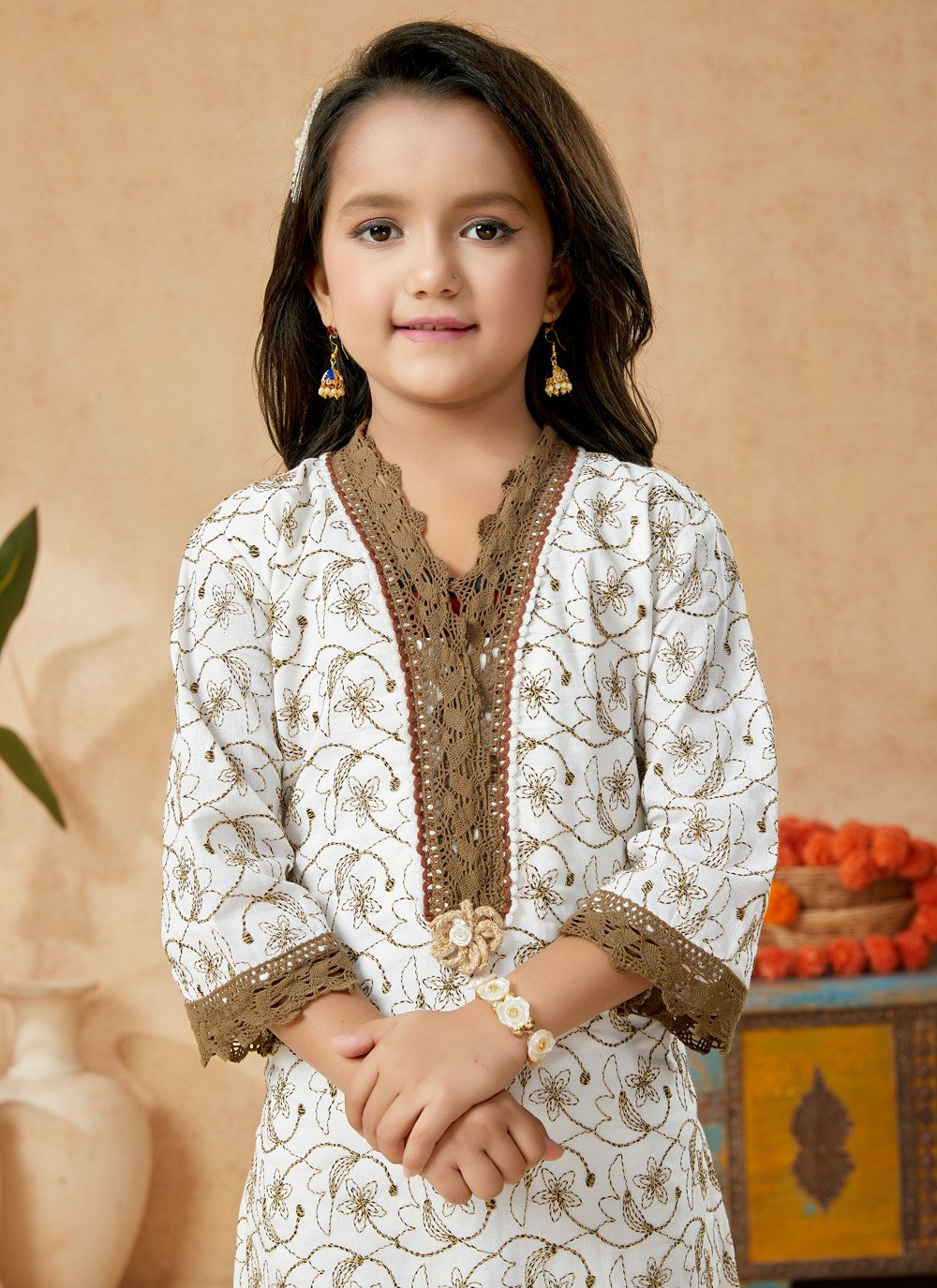 Pant Style Suit Cotton Off White Embroidered Kids