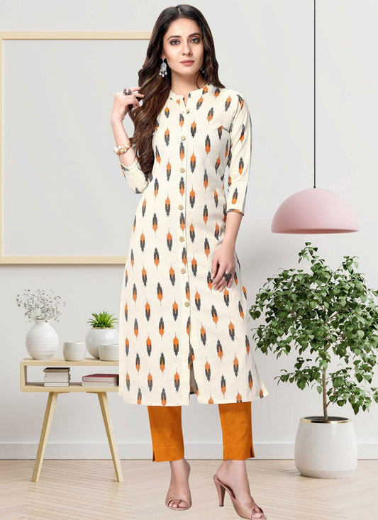 Designer Kurti Cotton Off White Print Kurtis