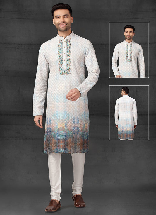 Kurta Pyjama Cotton Silk Off White Thread Mens